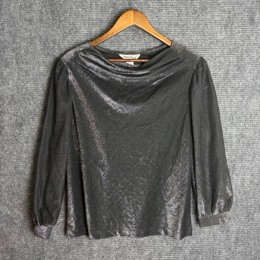 Anthony Richards Vintage Silver Metallic Cowl Neck Blouse Made in USA Size 18
